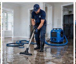 Technician removing water from a wet floor